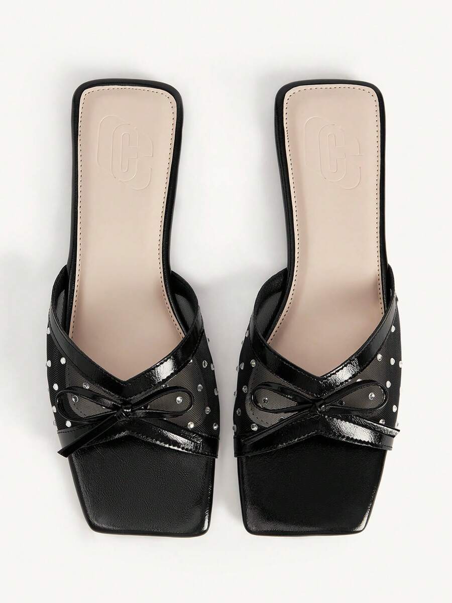 CUCCOO CHICEST Sandalias planas de moda generosas, cómodas y versátiles con lazo de strass para el día a día, vacaciones y playa - Negro - Ver 1