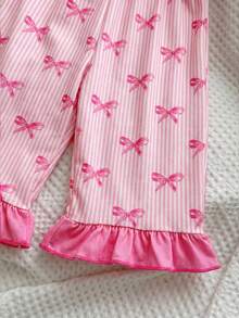 Dozemod Set Piyama Rajut Lembut Lengan Panjang dan Celana, Motif Pita Minimalis Manis untuk Bayi Perempuan, 2 Potong, untuk Bayi Perempuan - MultiWarna - View 6