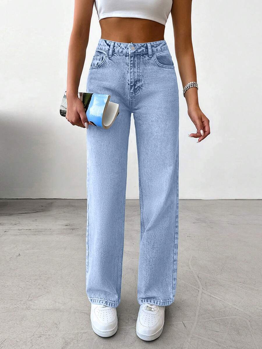 EURMUSE 女士复古水洗直筒牛仔裤 - 霧霾藍 - 查看 1