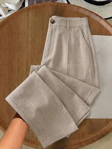 EMERY ROSE 女士纯色口袋纽扣休闲百搭阔腿裤，适合日常穿着 - 卡其色 - 查看 3