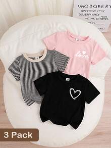 SHEIN 女童休闲百搭爱心标语印花三件套，经典条纹上衣，柔软舒适面料，超值打底套装，春夏日常穿着及户外穿搭的理想之选。 - 彩色 - 查看 5