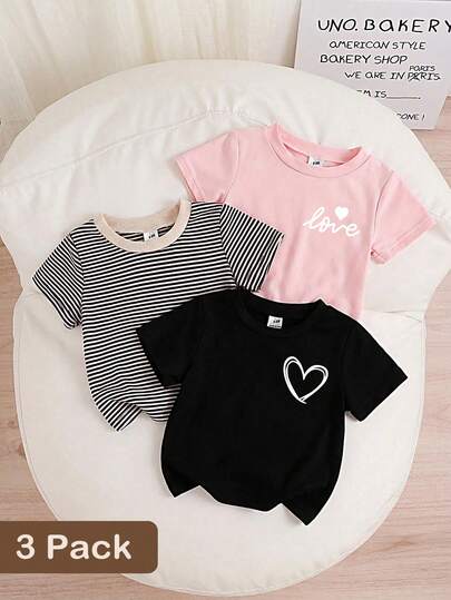 SHEIN Female Baby Casual Versatile Love Slogan Print Pattern 3 Pieces Set, Classic Striped Top, Soft And Comfortable Fabric, Value-Packed Undershirt Set, Perfect For Spring And Summer Everyday Wear, Outdoor Outfits