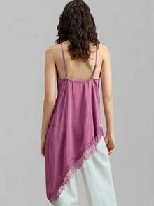 Ontre Áo dài nữ bằng vải satin charmeuse co giãn, thoải mái, dây mảnh, dáng ôm, điểm nhấn ren, thiết kế vạt áo bất đối xứng, phong cách công sở hiện đại, thanh lịch, sang trọng, thời trang sân bay cao cấp, chất liệu tinh tế, duyên dáng, lấy cảm hứng từ phong cách đường phố. - Màu tím - Xem 3