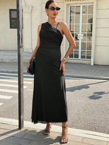 MaterniWear 优雅孕妇通勤纯色不对称领连衣裙，夏季 - 黑色 - 查看 4