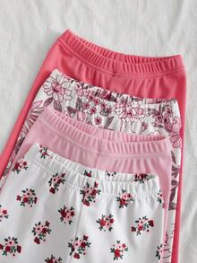 Souflis Souflis 4pcs/Set Girls' Ditsy Floral Sweet & Cute Versatile Apricot & Muted Tone Ribbed Knit Rib Leggings, Spring/Summer - Multicolor - View 4