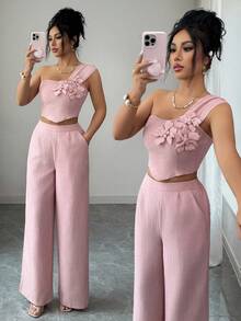 Elenzga 女士粉色竹编结单肩吊带花卉装饰设计露脐上衣，优雅职业装，活力四射的嘉年华、劳动节、复活节、返校派对、春季上衣搭配夏季裤装，春夏新款时尚必备小众设计百搭女士优雅两件套 - 粉色 - 查看 3