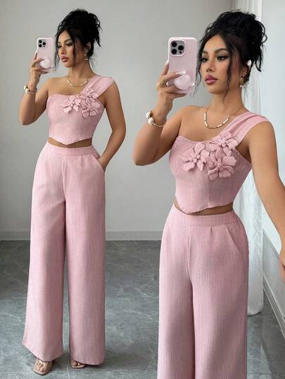 Elenzga Kadınlar için Pembe Bambu Düğüm Kumaş Tek Omuz Askılı Çiçek Desenli Kısa Üst, Zarif Profesyonel Kıyafet, Enerjik Karnaval, İşçi Bayramı, Paskalya, Okula Dönüş Partisi, İlkbahar Üstü, Yaz Pantolonu, Yaz Üstü, Yaz Pantolonu, İlkbahar Yaz Yeni Gelen Moda Olmazsa Olmaz Niş Tasarım Çok Yönlü Zarif Kadın 2 Parça Takım