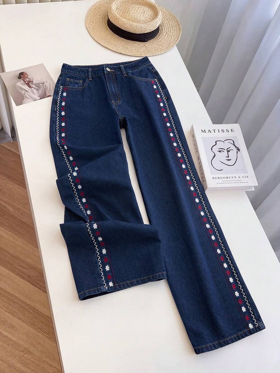 GlowEve Women's Floral Embroidered Pocket Wide Leg Loose Casual Denim Jeans - Blue - View 1