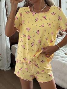 CottageSlumber Floral Rib Knit Loose Fit Short Sleeve & Shorts Pajama Set For Women - Ginger - View 4