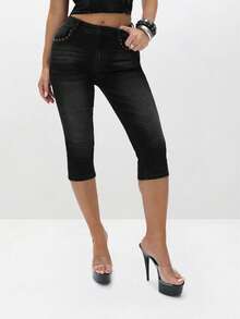BABYPHAT Quần jean Capri denim co giãn có gấu quần xắn gấu dành cho nữ, quần lửng cạp vừa, mặc thường ngày mùa hè - màu đen - Xem 2