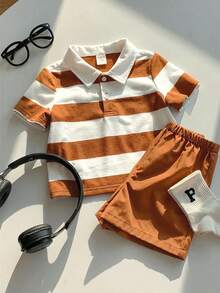 SHEIN 2 pièces/Set Bébé/Bébé Garçon/Fille Chemise à col polo rayée noir et blanc à manches courtes et short noir, tenue confortable et chic pour tous les jours, convient pour le printemps/l'été/l'automne/l'hiver, intérieur, extérieur, quotidien, sport, fête, séance photo, festival, streetwear, Noël, Nouvel An - Multicolore - Voir 7