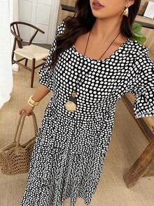 SHEIN LUNE Black And White Polka Dot Crewneck Midi Dress,Plus-Size Women's Summer Boho Vacation Holiday Dress For Casual,Daily Wear,Office And Parties - Black and White - View 7