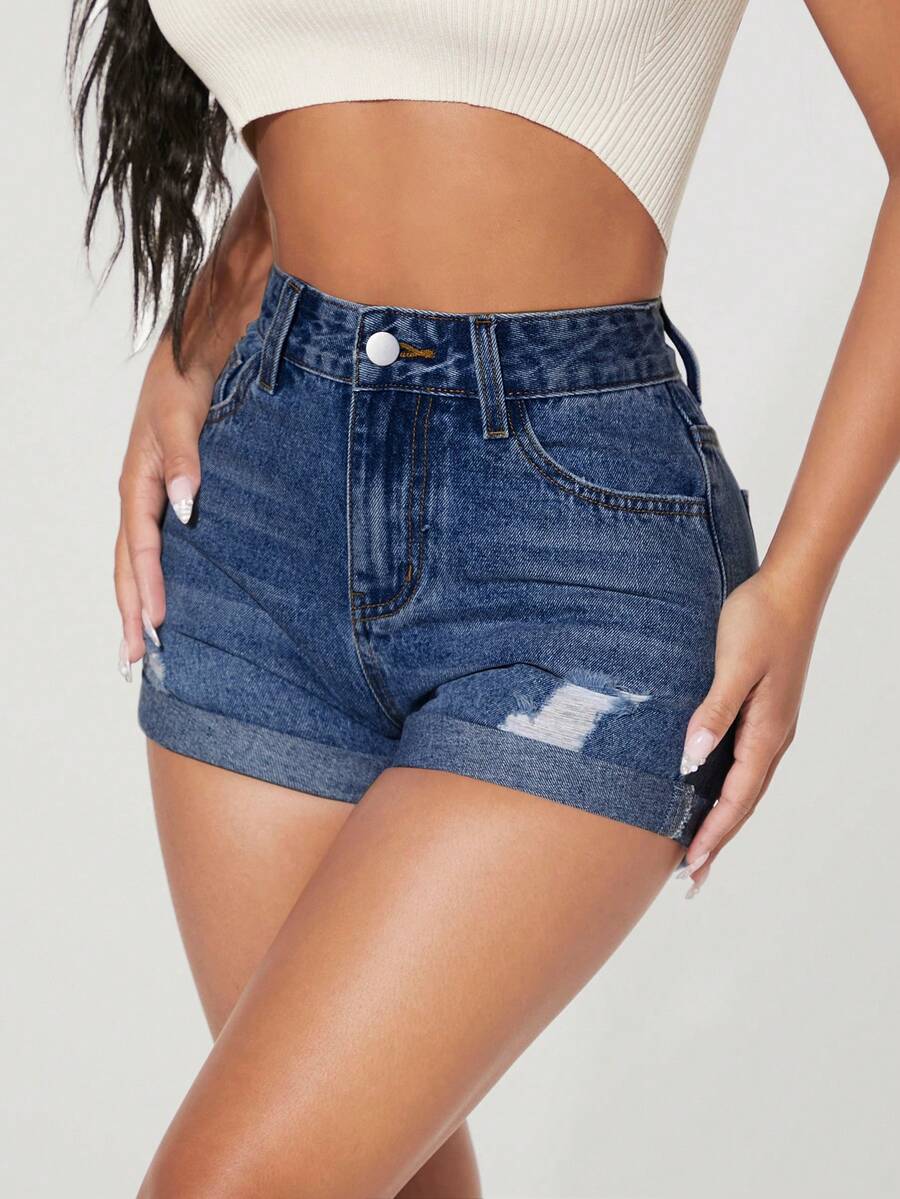 SHEIN PETITE Quần short denim dáng ôm, phong cách thường ngày, bạc màu, rách nhẹ, thích hợp cho mùa hè. - Rửa trung bình - Xem 1