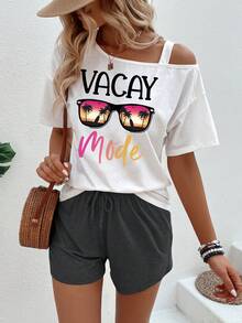 SHEIN LUNE Bộ đồ nữ gồm áo và quần short in chữ và kính, kiểu dáng thường ngày. - Nhiều màu - Xem 6