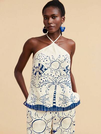 Travachic 女士椰树印花露背系带上衣和阔腿裤休闲两件套