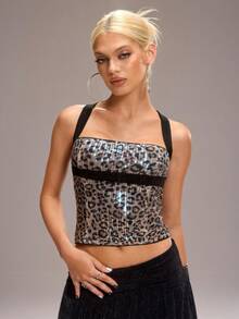 Y2Kool Leopard Print Sequin Contrast Color Y2K Sexy Halter Neck Backless Crop Top, Suitable For Parties, Holidays, Beach Vacations, And Daily Wear - Multicolor - View 3