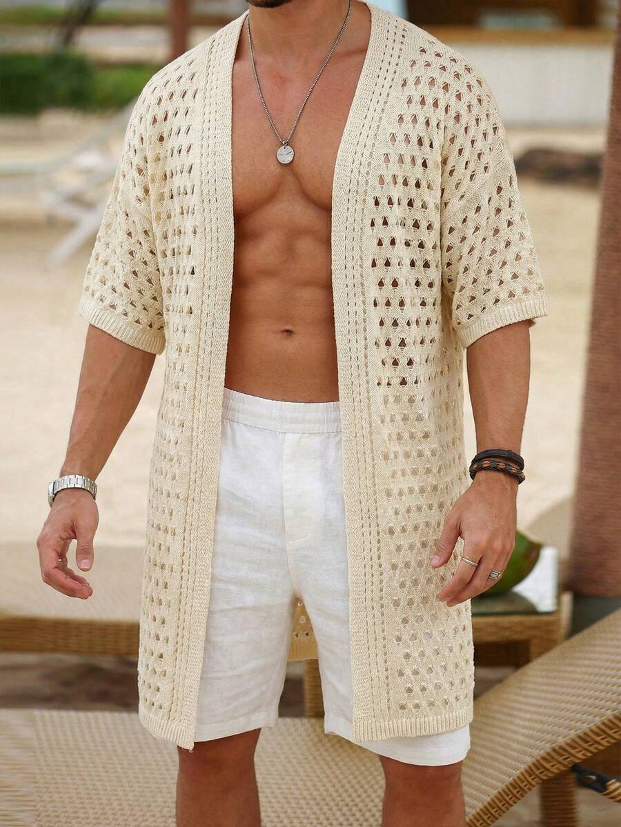 Manfinity Homme Cardigan casual da uomo con lavorazione traforata - Albicocca - Visualizzare 1