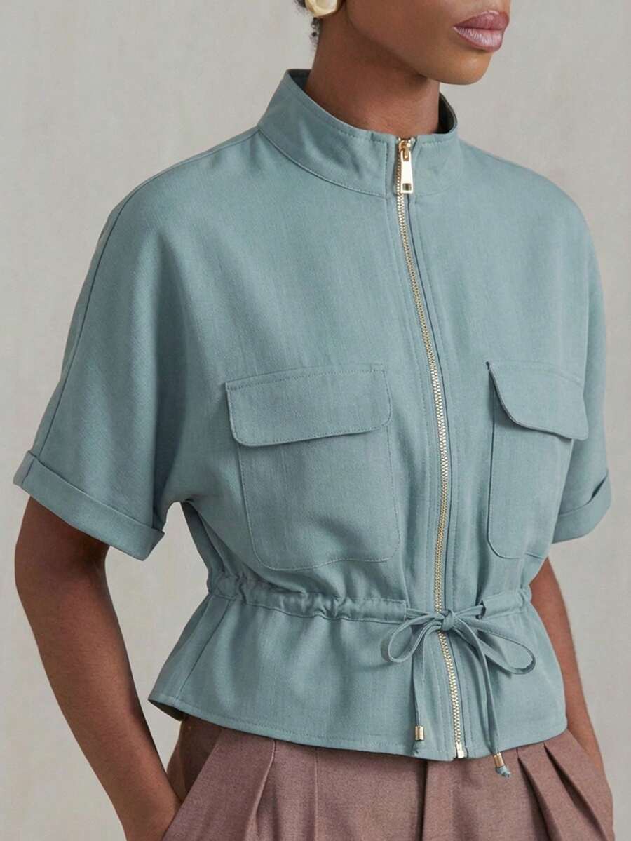 Aveloria Modichic Fashionable Short Utility Shirt With Symmetrical Chest Pockets, Cinched Waist Design, Overall Neat And Practical - Blue - View 1