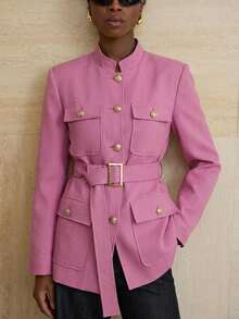 Aveloria Modichic Stand Collar Thick Tweed Single-Breasted Metal Button Decor Belt Utility Jacket - Pink - View 5