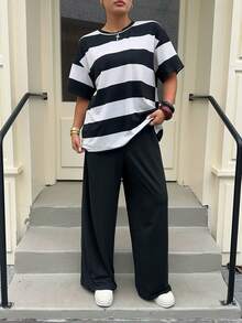 Muchica 大码圆领落肩条纹休闲宽松两件套，夏季 - 彩色 - 查看 5