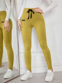 Modelyn 纯色抽绳修身舒适高弹打底裤 - 芥末黃 - 查看 7