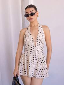 Andrea Bello 女士性感波点印花深V领露背迷你连衣裙，度假风，夏季派对 - 杏色 - 查看 5