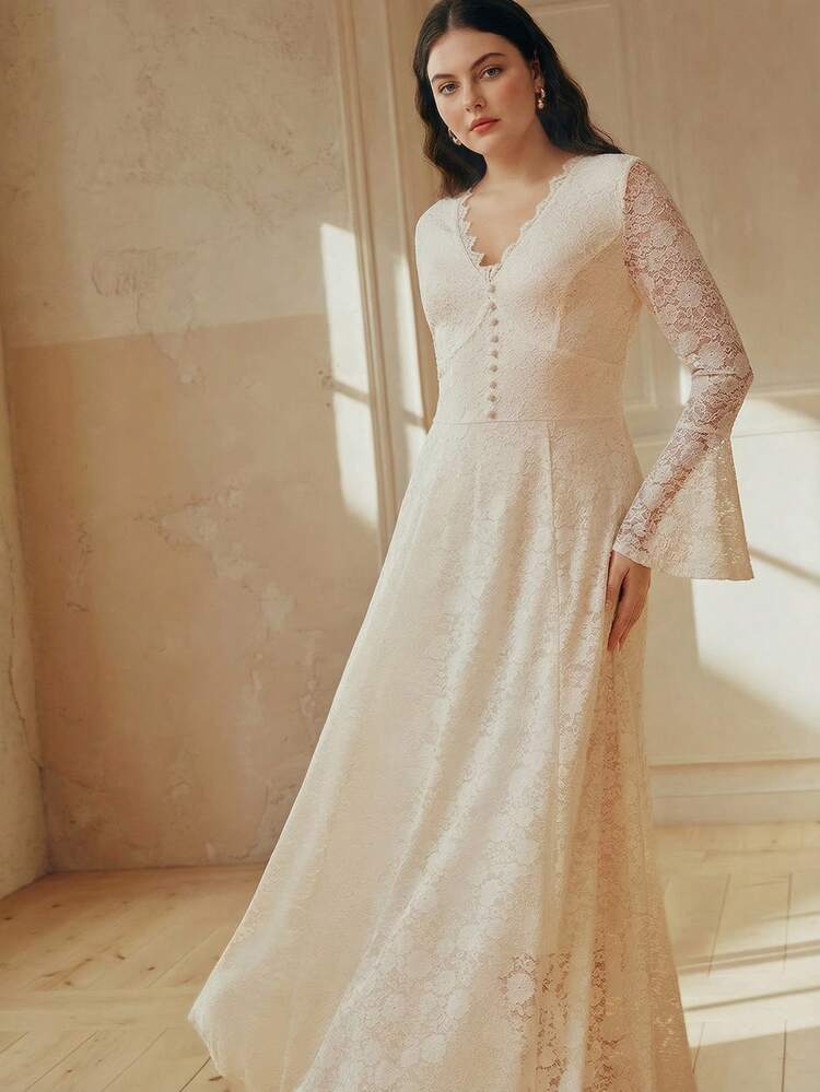 Plus Size Women's Long Sleeve Lace Long Dress, Elegant Delicate Spring/Summer Dress