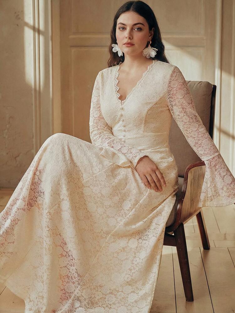 Plus Size Women's Long Sleeve Lace Long Dress, Elegant Delicate Spring/Summer Dress