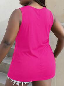 Maweii Plus Size Casual Cartoon Pattern Round Neck Tank Top, Summer - Hot Pink - View 2