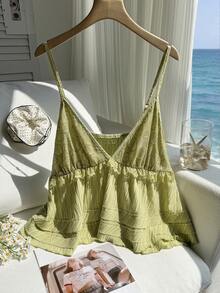 Comfortcana Áo hai dây cỡ lớn màu trơn họa tiết hoa 3D, viền bèo nhún tương phản, thích hợp mặc đi nghỉ mát. - màu xanh lá - Xem 3