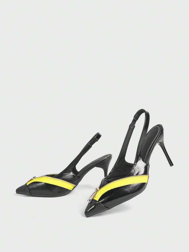 Sugerpunk 女士时尚撞色拉链装饰尖头露趾高跟鞋 - 黑色 - 查看 3