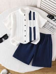 SHEIN Mirajuku Bộ 3 món cho bé trai tuổi thiếu niên: Áo sơ mi trắng phối họa tiết hoa tương phản, quần trắng ống rộng phối họa tiết tương phản và khăn quàng cổ. - Màu xanh hải quân - Xem 4