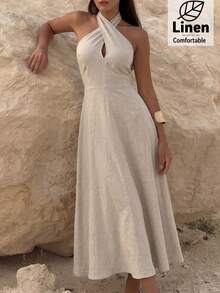 Firerie Đầm maxi nữ mùa Xuân/Hè mới, thanh lịch, giản dị, tối giản, thích hợp đi làm và đi nghỉ mát, chất liệu giả vải lanh pha tre, cổ yếm, thắt eo, dáng chữ A, hở lưng, tôn dáng, thích hợp cho kỳ nghỉ, đi biển, hoạt động ngoài trời, trang phục đi biển. - Màu Xám nhạt - Xem 3