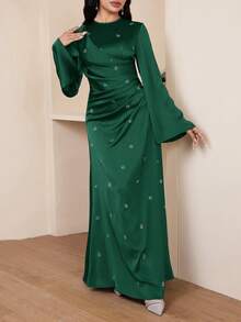 Veilorie 女士圆领插肩喇叭袖褶裥优雅连衣裙 - 墨綠色 - 查看 7