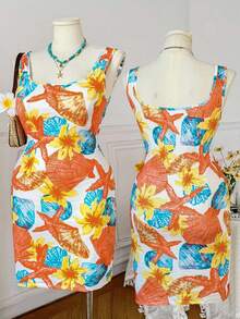 SHEIN EZwear 大码海星印花修身紧身休闲度假吊带裙女士夏季连衣裙修身连衣裙连体连衣裙夏季油画连衣裙贝壳印花连衣裙女士夏季连衣裙 - 彩色 - 查看 2
