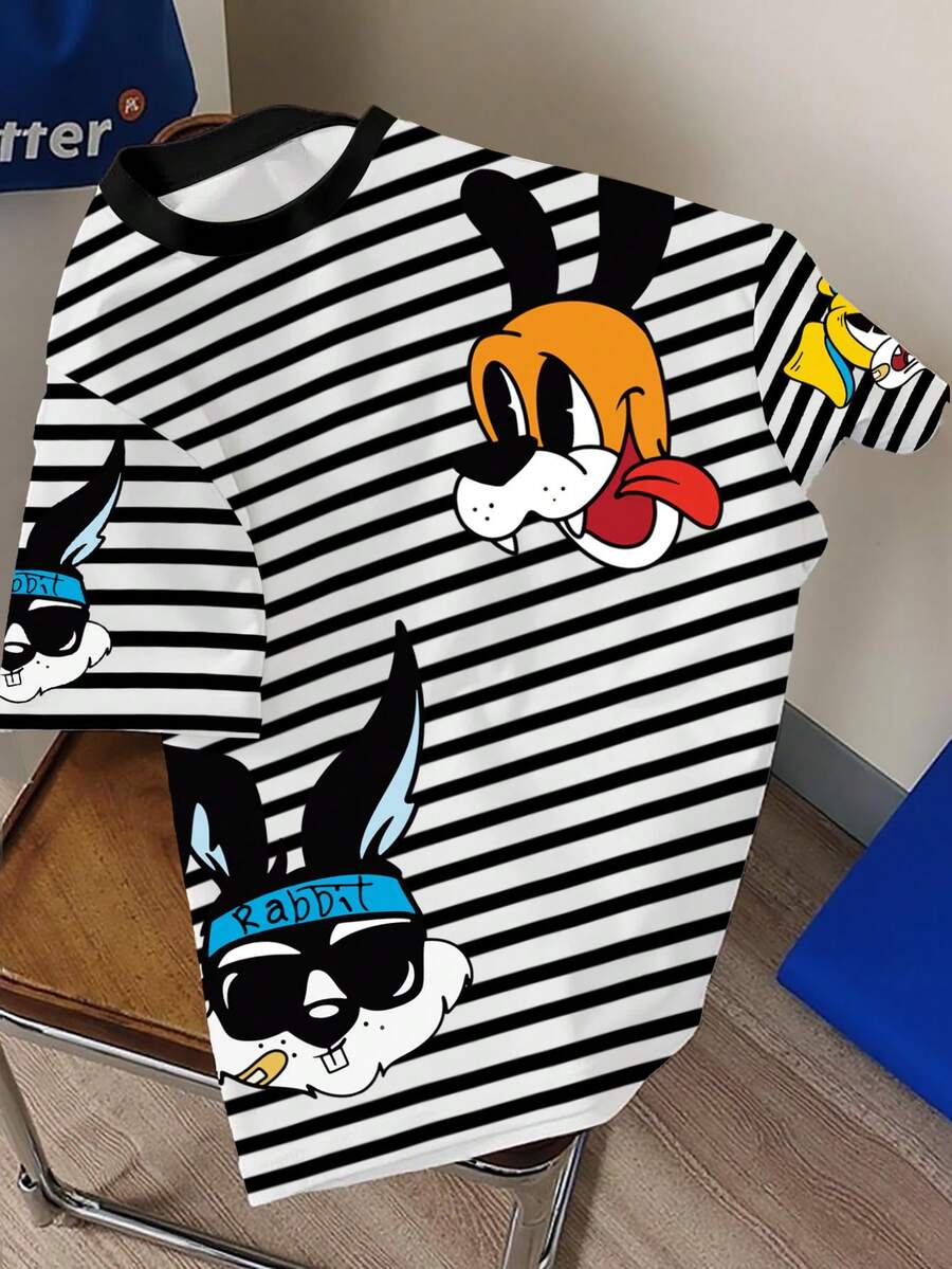 Manfinity Joysei 休闲条纹撞色卡通兔子和狗印花T恤，男女通用黑白条纹卡通动物圆领T恤 - 彩色 - 查看 1