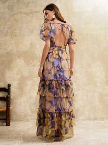 Arave Women's Lightweight Mesh Off-Shoulder V-Neck Ruched Waist Ruffle Hem Puff Sleeve Romantic Floral Design Elegant Date Dress - Purple - View 3