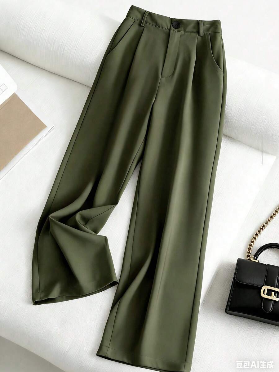 Franclia Petite Women's Solid Color Pleated Pocket Loose Casual Suit Pants - Army Green - View 1