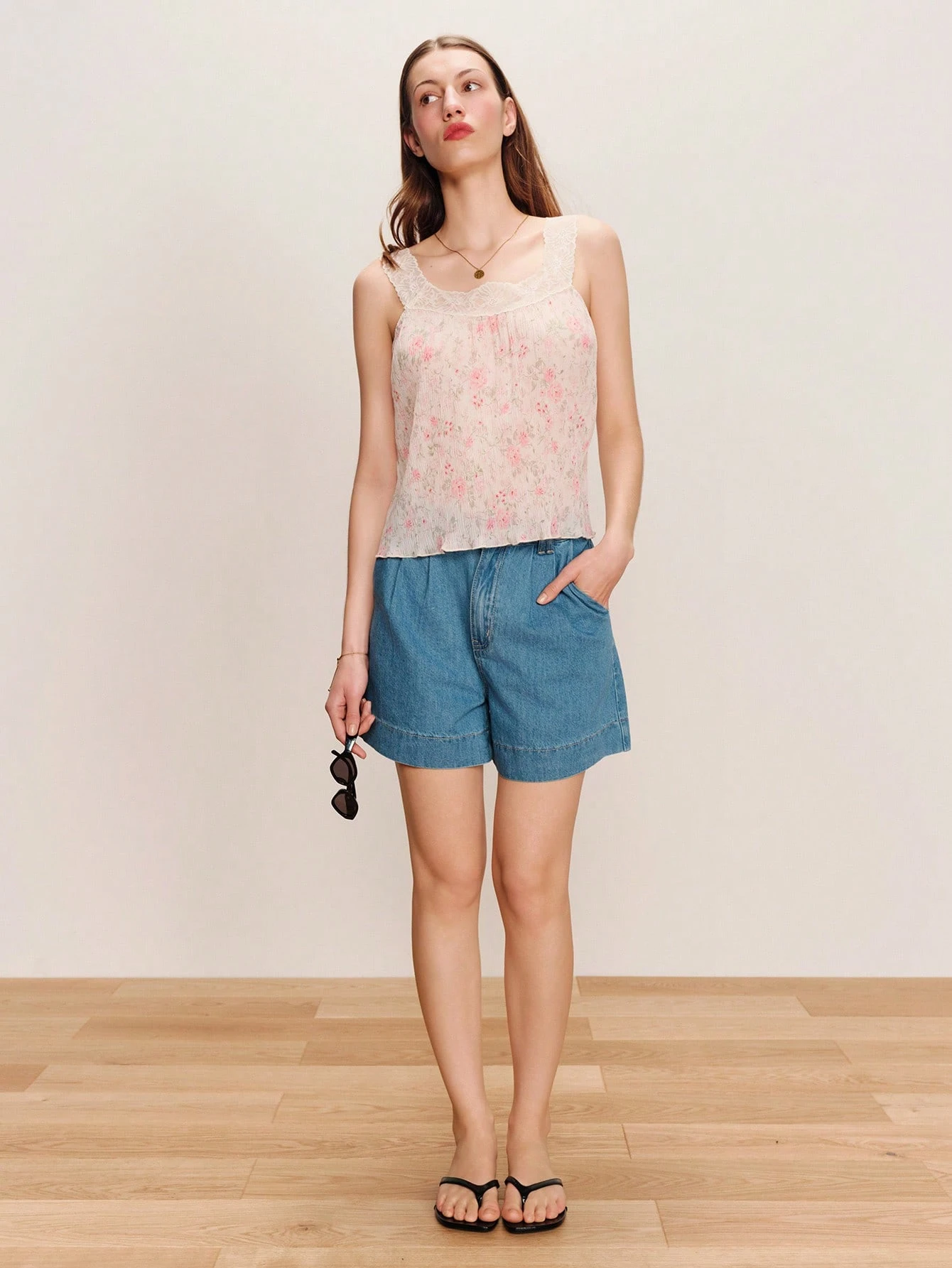 White And Pink Pleated Floral-Print Cami With A Lace Trim Neckline Chic Style Spring Summer French Style Parisian Style Cute Summer Top Holiday Top Pink Flower Top Flowy Top