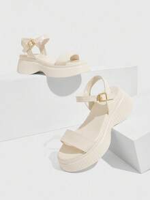 HighSole Round Toe Comfy Simple Platform Wedge Sandals For Women, Suitable For Summer Outfits Spring Shoes Spring Break Easter - Apricot - View 4