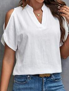 SHEIN Clasi 女士常规款V领白色100%纯棉短袖衬衫，适合春夏季节穿着 - 白色 - 查看 6