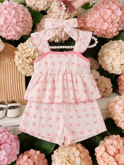 SHEIN 2pcs Baby Girls' Summer Outfit + Headband: Ruffle Strap Vest Dress + Shorts, Allover Butterfly Print, Sweet & Cute, Suitable For Party, Daily Wear, Fashion & Versatile