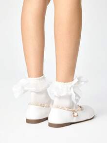 ROMWE Kawaii Giày Mary Jane mũi vuông màu đen, chi tiết khóa dây chéo, đế mềm, thiết kế nơ, phù hợp với váy, giày bệt công sở cho nữ. - Ánh sáng màu be - Xem 5