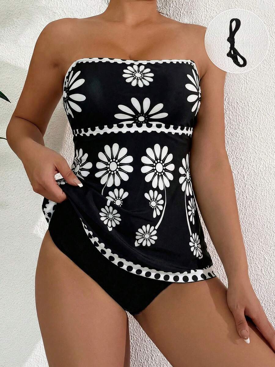 SHEIN Swim 两件套女士高弹绿色印花比基尼套装，包含印花抹胸上衣和纯色三角泳裤，优雅比基尼套装，适合春夏海滩派对，女士泳装，单件泳衣，新款女士泳装，全包覆式泳衣 - 彩色 - 查看 1