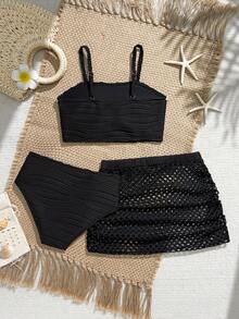 SHEIN 少女夏季度假贝壳装饰比基尼套装，含罩衫和裙子 - 黑色 - 查看 2