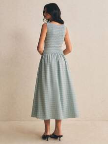 Poéselle Đầm dài dự tiệc thanh lịch dành cho nữ, họa tiết kẻ caro ghép mảnh, xếp ly, thắt eo. - màu xanh lá - Xem 8