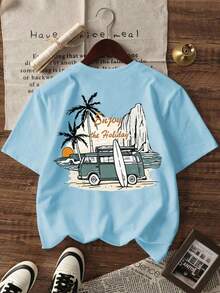 SHEIN Playful Pals Áo thun tay ngắn cổ tròn ôm sát, thoải mái, thời trang, đa năng, sáng tạo, dễ thương dành cho bé trai, in hình bình minh, xe buýt, ván trượt, cây cọ, áo mùa hè cho bé trai. - Màu xanh lam - Xem 2