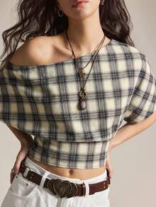 Easelle 2026 Damen Karomuster Fledermausärmel Lässiges Loose Top, asymmetrische Schulter Karobluse, Retro Kurzarm Tops in mehreren Farben - Verschiedenfarbig - Übersicht 7