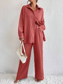 Women's Casual Vacation & Commute Solid Color Textured Fabric Drop Shoulder Loose Long Sleeve Shirt And Pants 2-Piece Set, Spring/Autumn - Watermelon Pink - View 4