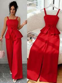 Elenzga Elegant Urban Chic New Women's Red Spaghetti Strap Bow Tie Waist Top And Wide Leg Pants Set, Suitable For Daily Wear, Weddings, Galas, Commuting, Graduation Parties, Holidays, Vacations, Dates, Parties, Halloween, Christmas, New Year, Thanksgiving - Red - View 1